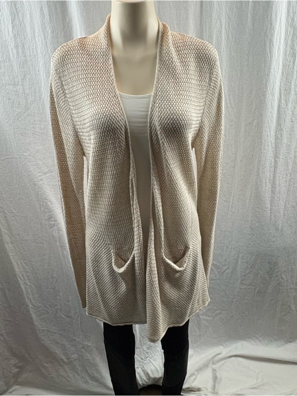 Joie Open-Front Cream Basketweave Knit Cardigan with Front Pockets L